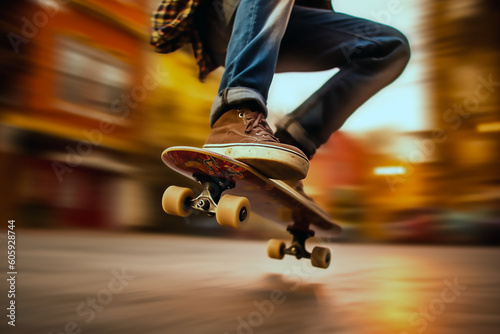 patinador joven sobre skateboard dando un salto de velocidad en la calle.