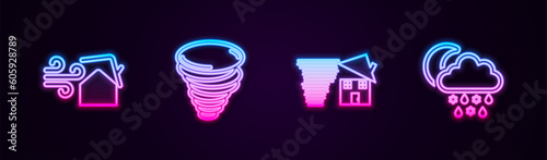 Set line Tornado swirl, , and Cloud with snow, rain, moon. Glowing neon icon. Vector