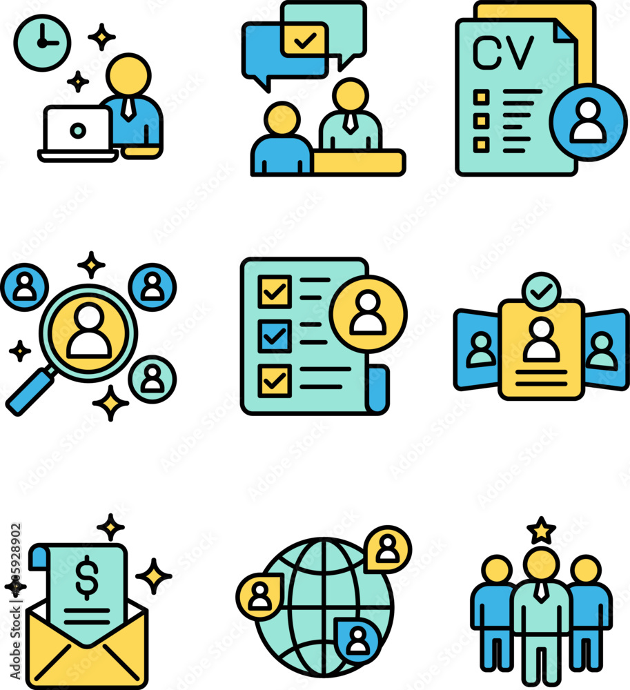 Recruitment and employee icon sheets design. HR human resources colored line style icon set Recruitment and employee icon sheets design. HR human resources colored line style icon set