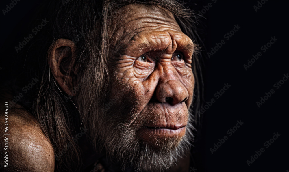 close up photo of Neanderthal (archaic human) on black background. Generative AI close up photo of Neanderthal (archaic human) on black background. Generative AI