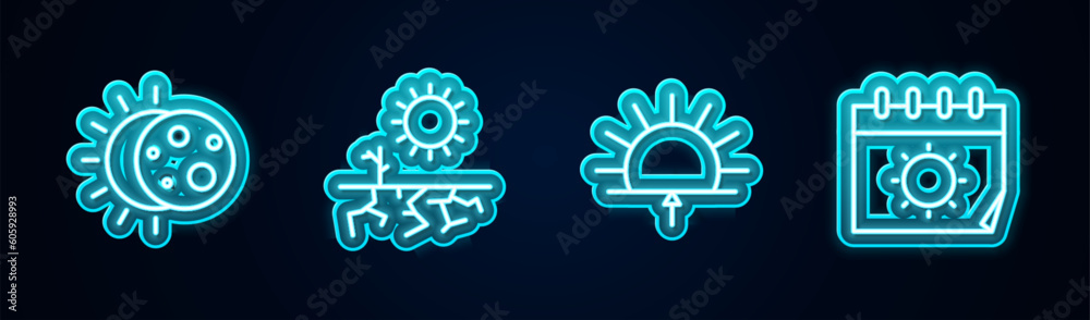 Set line Eclipse of the sun, Drought, Sunrise and Calendar and. Glowing neon icon. Vector