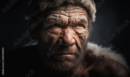 close up photo of Neanderthal (archaic human) on dark blurry cave background. Generative AI