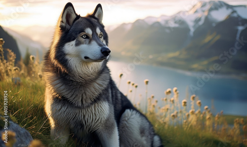 photo of Norwegian elkhound sitting on a green hill with blurry mountains and lake in the background. Generative AI photo