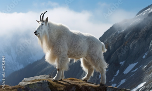 photo of mountain goat in its natural habitat with blue sky and mountains. Generative AI