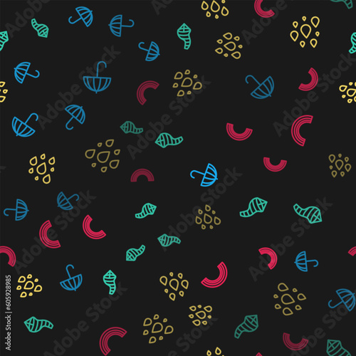 Set line Umbrella, Cone meteorology windsock wind vane, Water drop and Rainbow on seamless pattern. Vector