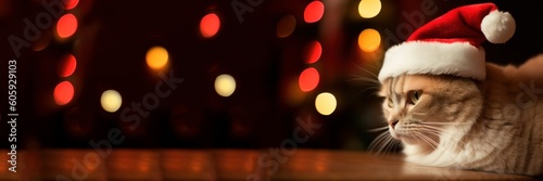 Christmas cat in red Santa Claus hat with christmas lights on background. Cute cat looking at place for text. Banner, copy space. Merry Christmas, happy new year