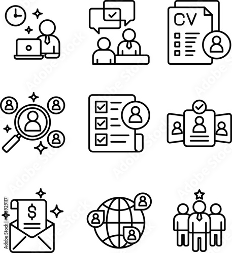 Recruitment and employee icon sheets design. HR human resources line style icon set