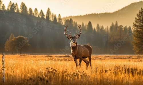 Photo of mule deer in golden hour light of a misty mountain meadow. The animal stands tall, antlers branching out majestically, surrounded by the serene beauty of its natural habitat. Generative AI photo