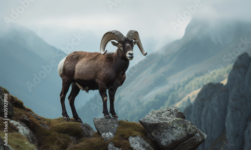 Alpine Majesty: Photo of mouflon, standing atop a rocky outcropping overlooking a misty alpine valley. composition shows it's impressive horns & the rugged beauty of its natural habitat. Generative AI