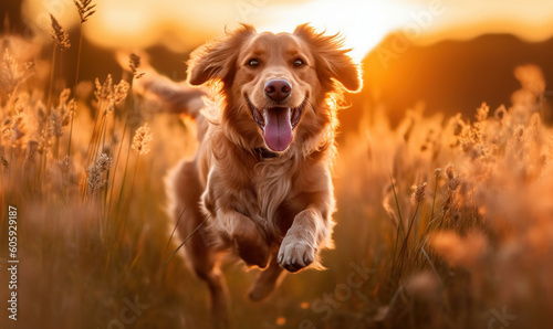 photo of Nova Scotia duck tolling retriever jumping happily in tall grass at sunset. Generative AI