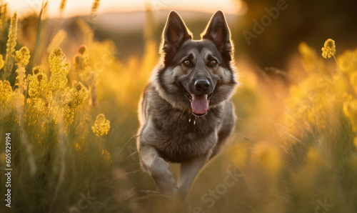 photo of Norwegian elkhound running happily in tall grass at sunset. Generative AI