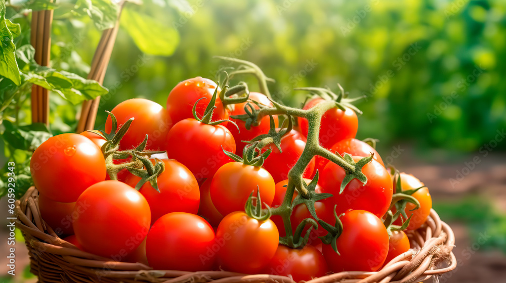 Basket with new crop of ripe tomatoes on a plantation, with background blur. Generative AI