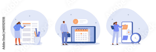 Time management illustration set. Characters organizing schedule, planning calendar appointments and successfully completing work tasks. Business and organization concept. Vector illustration.