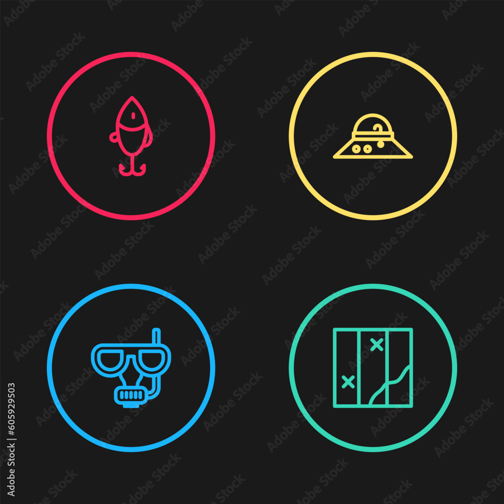 Set line Diving mask and snorkel, Folded map, Fisherman hat and Fishing lure icon. Vector Set line Diving mask and snorkel, Folded map, Fisherman hat and Fishing lure icon. Vector