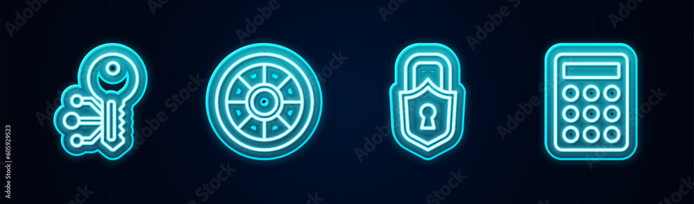 Set line Cryptocurrency key, Safe, Lock and Password protection. Glowing neon icon. Vector Set line Cryptocurrency key, Safe, Lock and Password protection. Glowing neon icon. Vector
