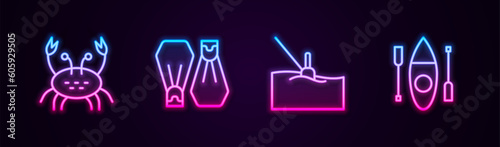Set line Crab, Rubber flippers for swimming, Fishing float water and Kayak canoe. Glowing neon icon. Vector