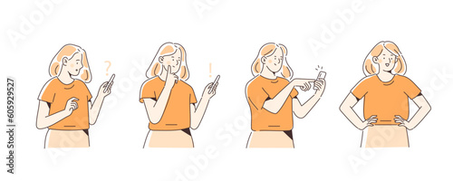 Character concept illustration set. Confused woman with a smartphone in her hands looking for ideas and finding solutions. Problem solving concept. Vector illustration.