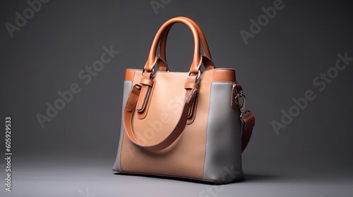 Beautiful trendy smooth youth women's handbag in brown and grey color on a gray studio background