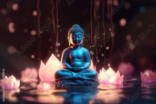  Cute cartoon buddha statue doing meditation  generative AI