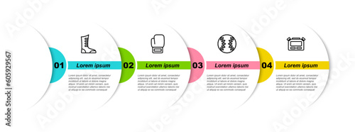 Set line Sport boxing shoes, Boxing glove, Baseball ball and Stopwatch. Business infographic template. Vector