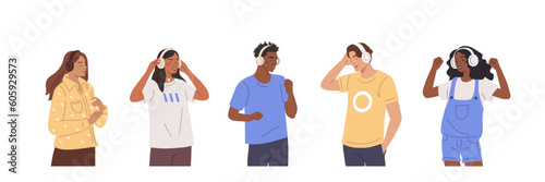 People illustration set. Characters wearing headphones joyfully listening to music and dancing. Diverse young female and male persons enjoying audio tracks or radio. Vector illustration.