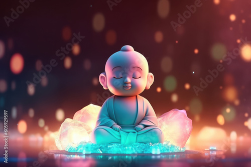  Cute cartoon buddha statue doing meditation, generative AI