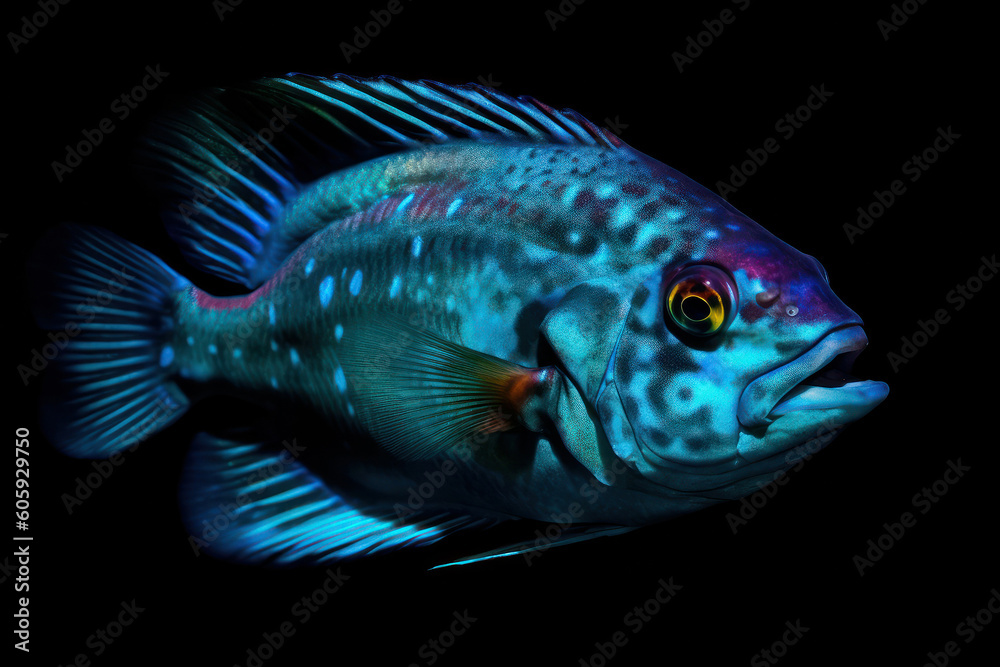 Fototapeta premium Beautiful fish swimming in the deep ocean. Beautiful iridescent scales of fish living in the depths of the ocean close up. Underwater life. aquarium
