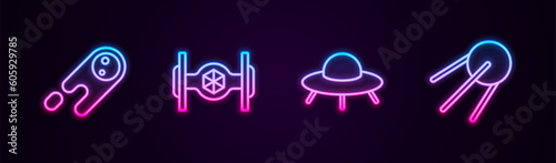 Set line Comet falling down fast, Cosmic ship, UFO flying spaceship and Satellite. Glowing neon icon. Vector