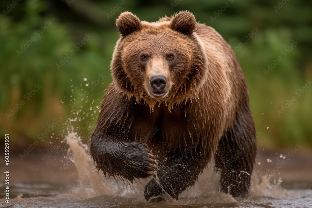 Large brown bear running through shallow water looking for fish. High quality photo
