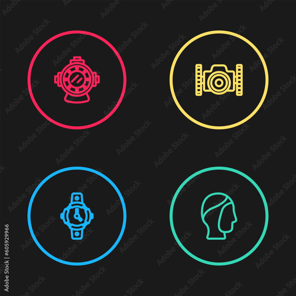 Set line Diving watch, hood, Photo camera for diver and Aqualung icon. Vector Set line Diving watch, hood, Photo camera for diver and Aqualung icon. Vector