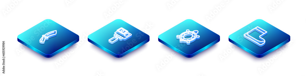 Set Isometric line Diving knife, Action extreme camera, Turtle and Boots icon. Vector Set Isometric line Diving knife, Action extreme camera, Turtle and Boots icon. Vector