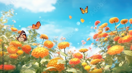 Bright colorful summer spring flower border. Natural landscape with many orange lantana flowers and fluttering butterflies Lycaena phlaeas against blue sky on sunny day