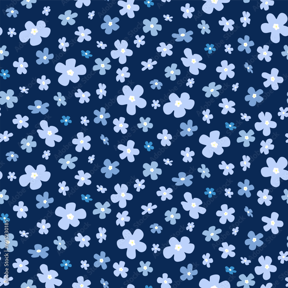 Seamless pattern of light blue and dark blue flowers on navy background. Floral print Seamless pattern of light blue and dark blue flowers on navy background. Floral print