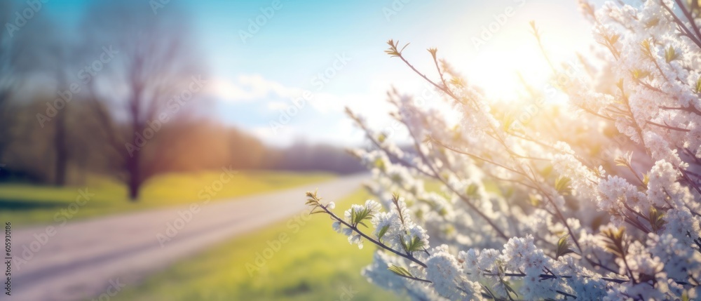 Defocused spring landscape. Beautiful nature with flowering willow branches and rural road against blue sky and bright sunlight, soft focus. Ultra wide format