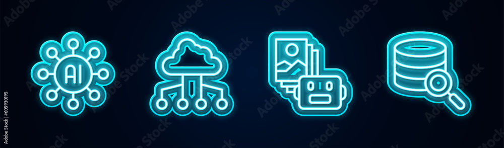 Fototapeta premium Set line Neural network, Network cloud connection, Artificial intelligence robot and Server. Glowing neon icon. Vector