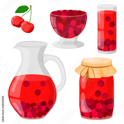 Cherry compote in a glass decanter, glass, jar. Drinking from homemade fruits. Homemade jam or jelly in a glass bowl. The concept of healthy eating. Vector illustration in a flat style.