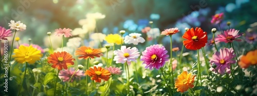 Colorful beautiful multicolored flowers Zinnia spring summer in Sunny garden in sunlight on nature outdoors. Ultra wide banner format © Eli Berr