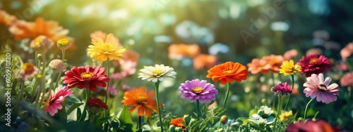 Colorful beautiful multicolored flowers Zinnia spring summer in Sunny garden in sunlight on nature outdoors. Ultra wide banner format © Eli Berr