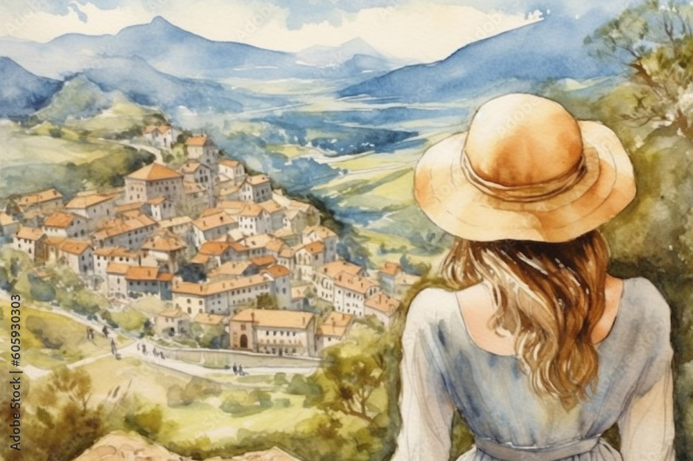 Fototapeta premium Illustration in a watercolor style. Beautiful girl in dress and hat looking down at beautiful village landscape from the hill. Viewed from behind. Travel and relax. Generative AI.