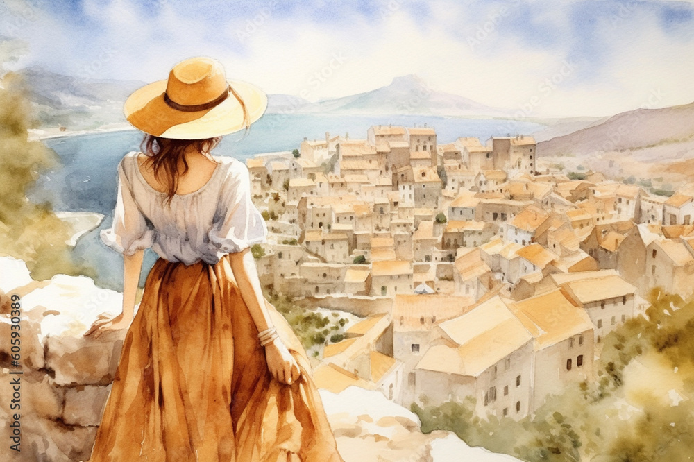 Illustration  in a watercolor style. Beautiful girl in dress and hat  looking down at beautiful sea town from viewing platform. Viewed from behind. Travel and  Generative AI.