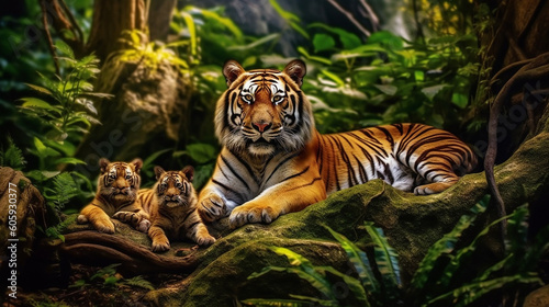 Tiger and her children laying in the forest, Generative AI © Dushan