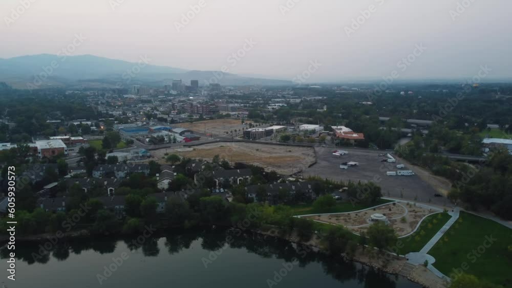 Sunrise Over Bernardine Quinn Riverside Park By The Boise River In Idaho, USA. wide aerial Sunrise Over Bernardine Quinn Riverside Park By The Boise River In Idaho, USA. wide aerial