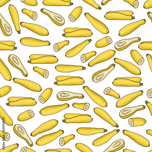 Seamless pattern with StraightNeck or Straight Neck. Summer squash. Cucurbita pepo. Fruits and vegetables. Cartoon style. Vector illustration isolated on transparent background.