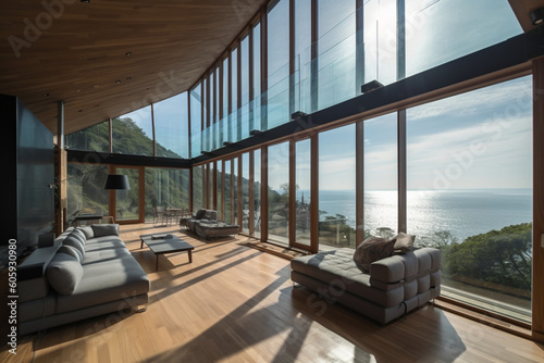 Living room with panoramic windows and sea view  Modern house design. generated ai