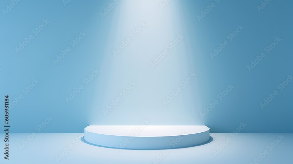 Podium of an interesting shape against a light blue wall with beautiful backlighting. Trendy background for presentation Podium of an interesting shape against a light blue wall with beautiful backlighting. Trendy background for presentation