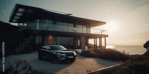 Luxurious house with panoramic windows on the seashore, an expensive car is standing nearby. generated ai