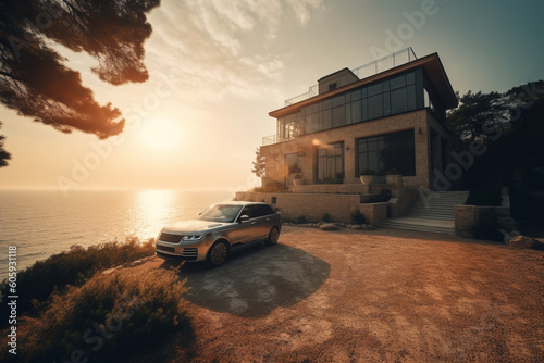 Luxurious house with panoramic windows on the seashore  an expensive car is standing nearby. generated ai