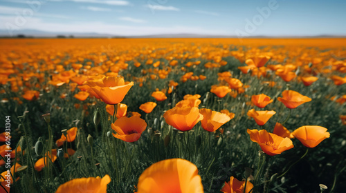 A field of many bright orange poppy flowers with a level horizon. Generative AI