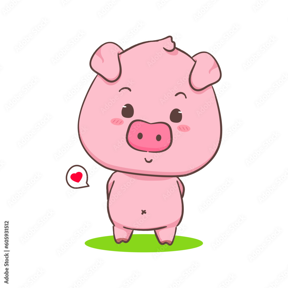Cute happy pig cartoon character standing with hands on back. Adorable animal concept design. Isolated white background. Vector art illustration. Cute happy pig cartoon character standing with hands on back. Adorable animal concept design. Isolated white background. Vector art illustration.