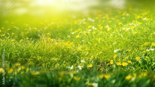 Spring summer natural background. Juicy young green grass and wild yellow flowers on the lawn outdoors in morning